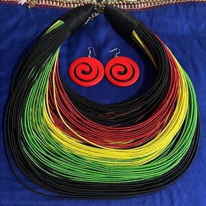 Vibrant Multistrand Cotton Necklace with Red Swirl Earrings - Unbranded